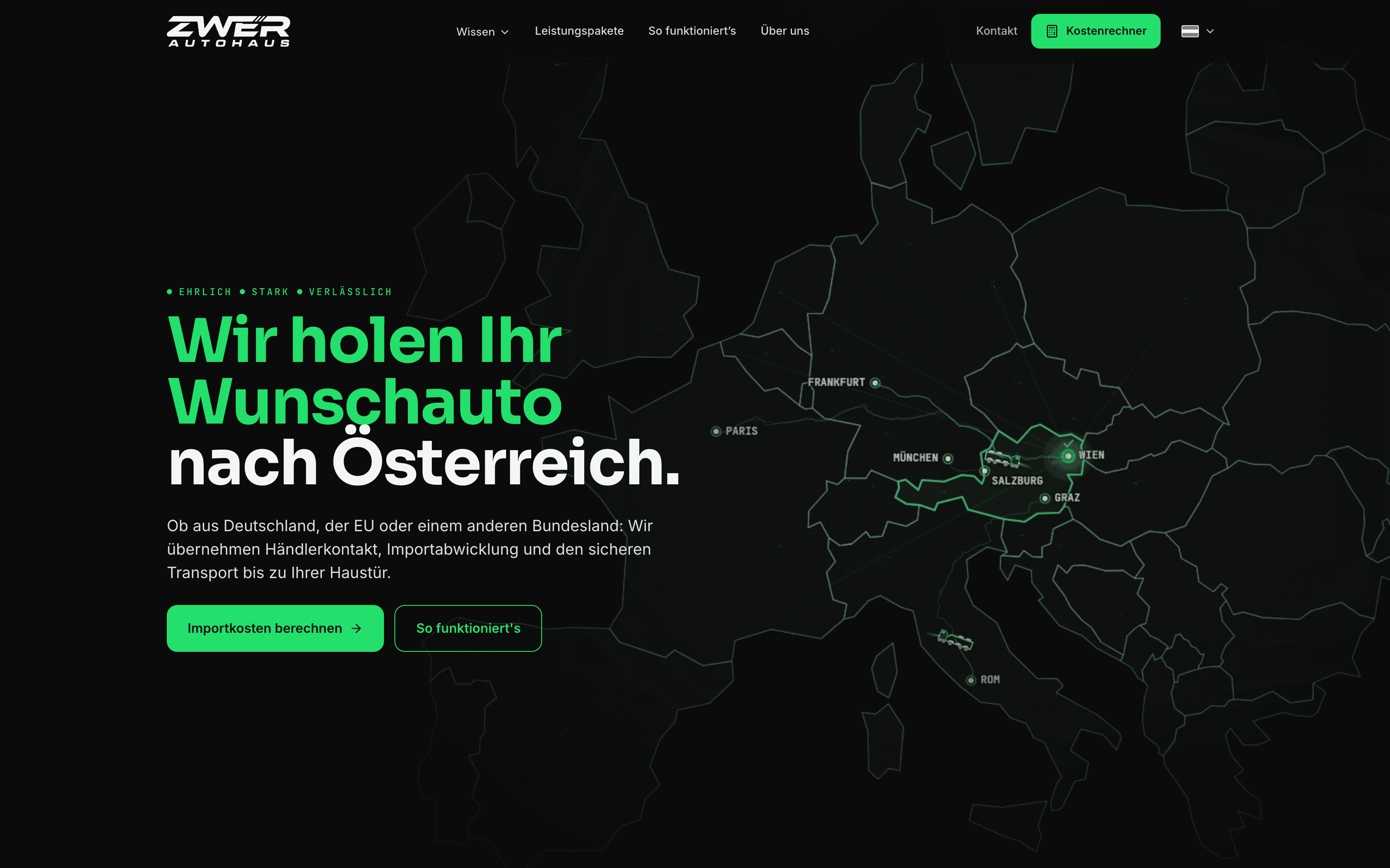 Screenshot Autohaus Zwer — Website mit Kostenrechner für EU-Fahrzeugimport und Kunden-Dashboard