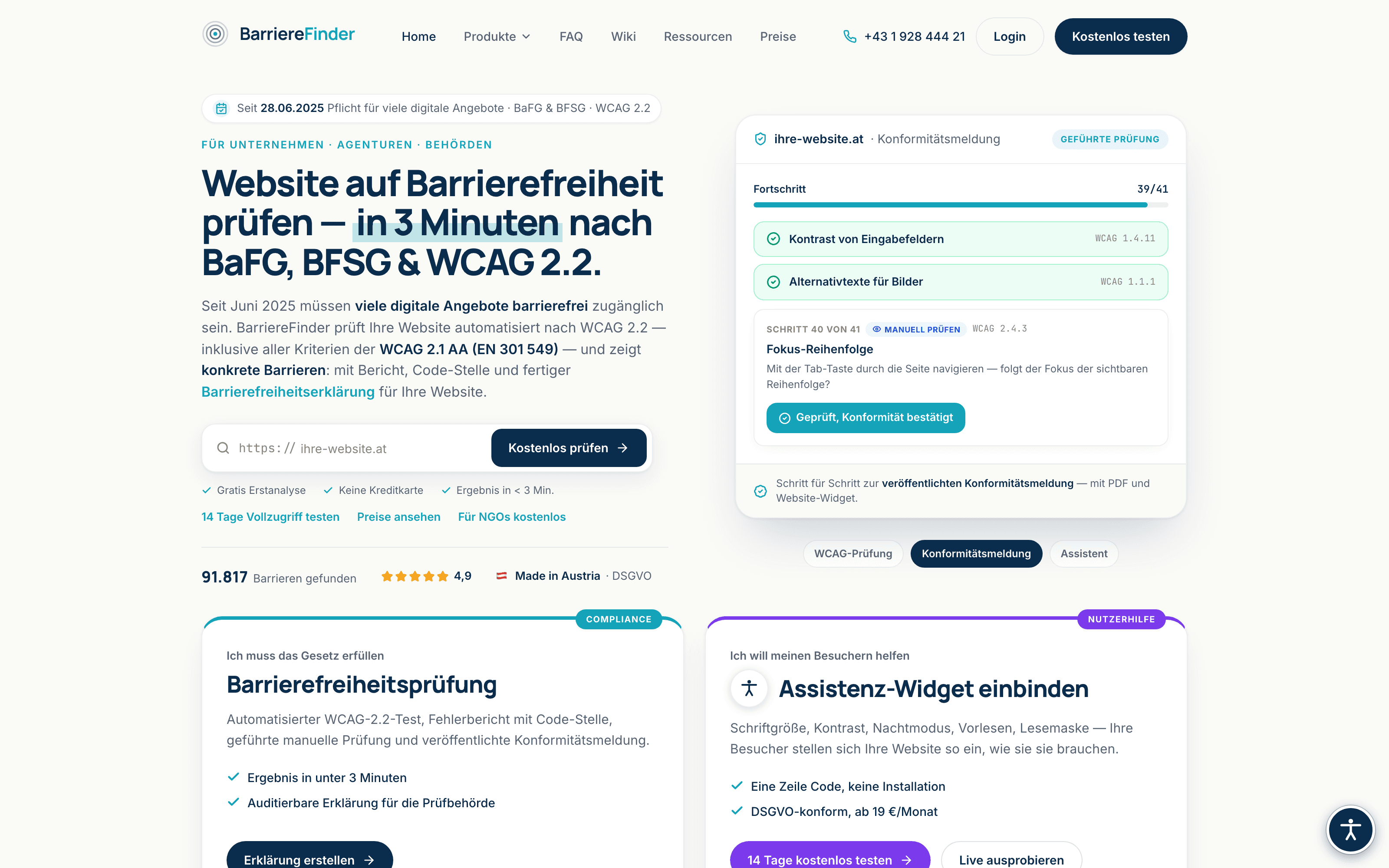 Screenshot BarriereFinder — automatisierte Prüfung der Web-Barrierefreiheit nach WCAG 2.2 und EU-Richtlinien