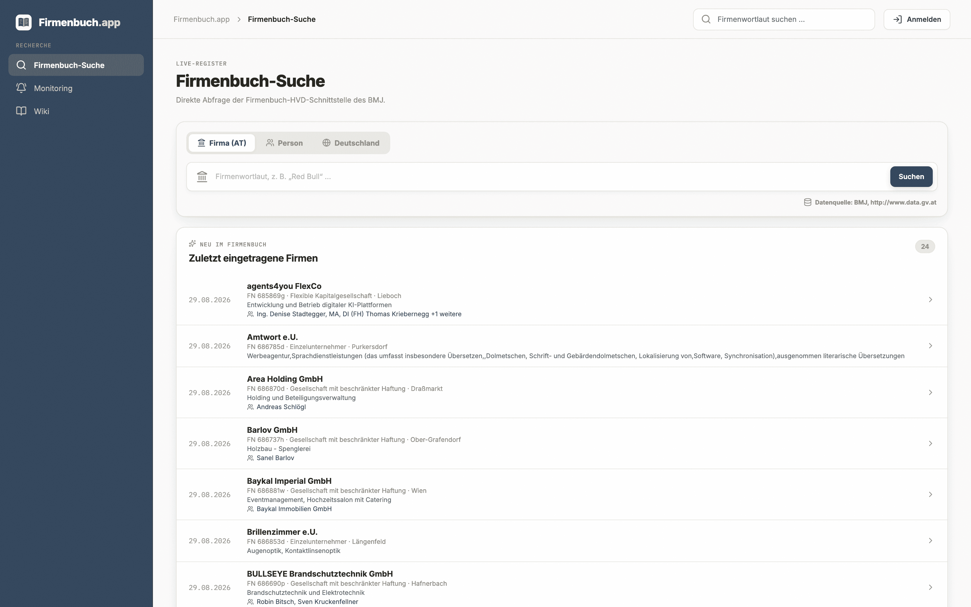Screenshot Firmenbuch.app — Web-App für konsolidierte Unternehmensdaten aus dem Firmenbuch und weiteren Quellen