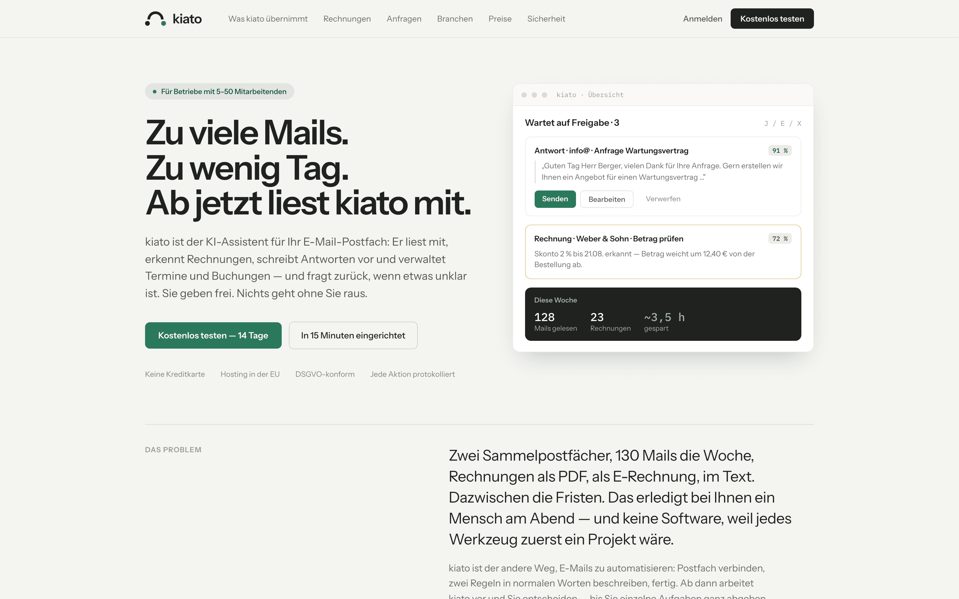 Screenshot kiato.at — KI-Assistent für das E-Mail-Postfach mit Freigabe-Workflow