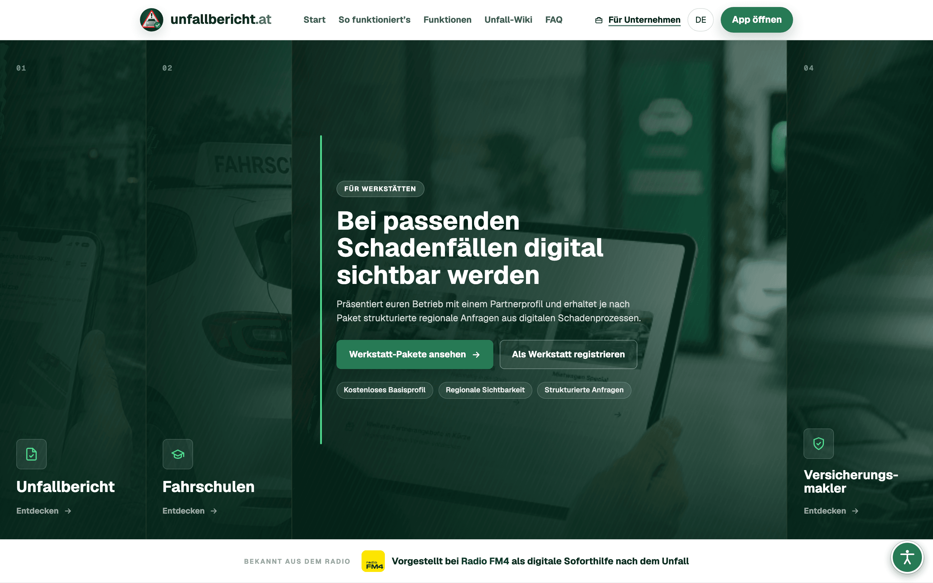 Screenshot Unfallbericht.at — digitale Plattform für europäische Unfallberichte mit KI-Skizzierung