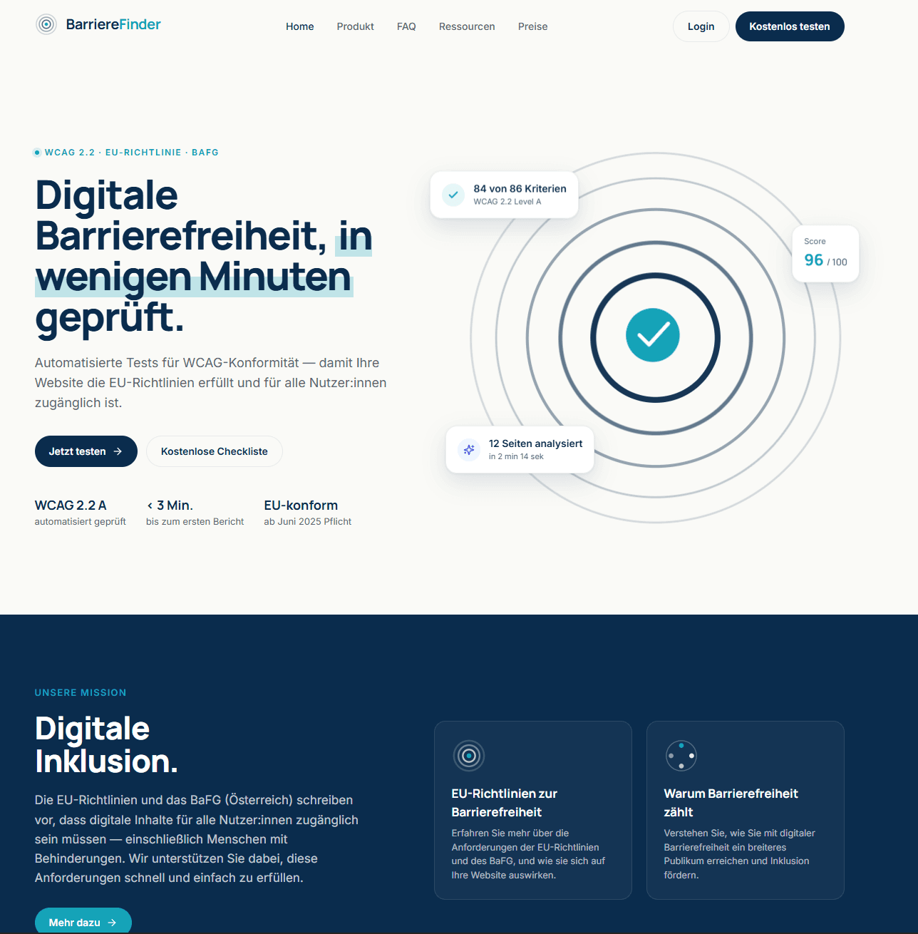 Screenshot BarriereFinder — automatisierte Prüfung der Web-Barrierefreiheit nach WCAG 2.2 und EU-Richtlinien