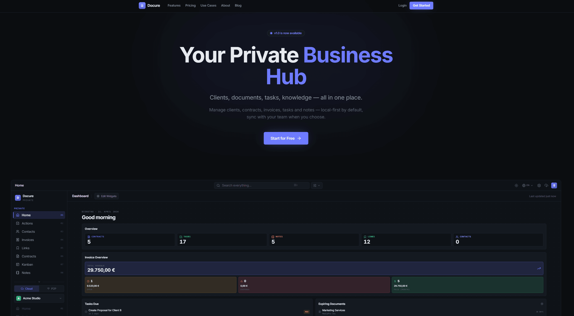 Screenshot Docure – Local-First Business Hub für Freelancer