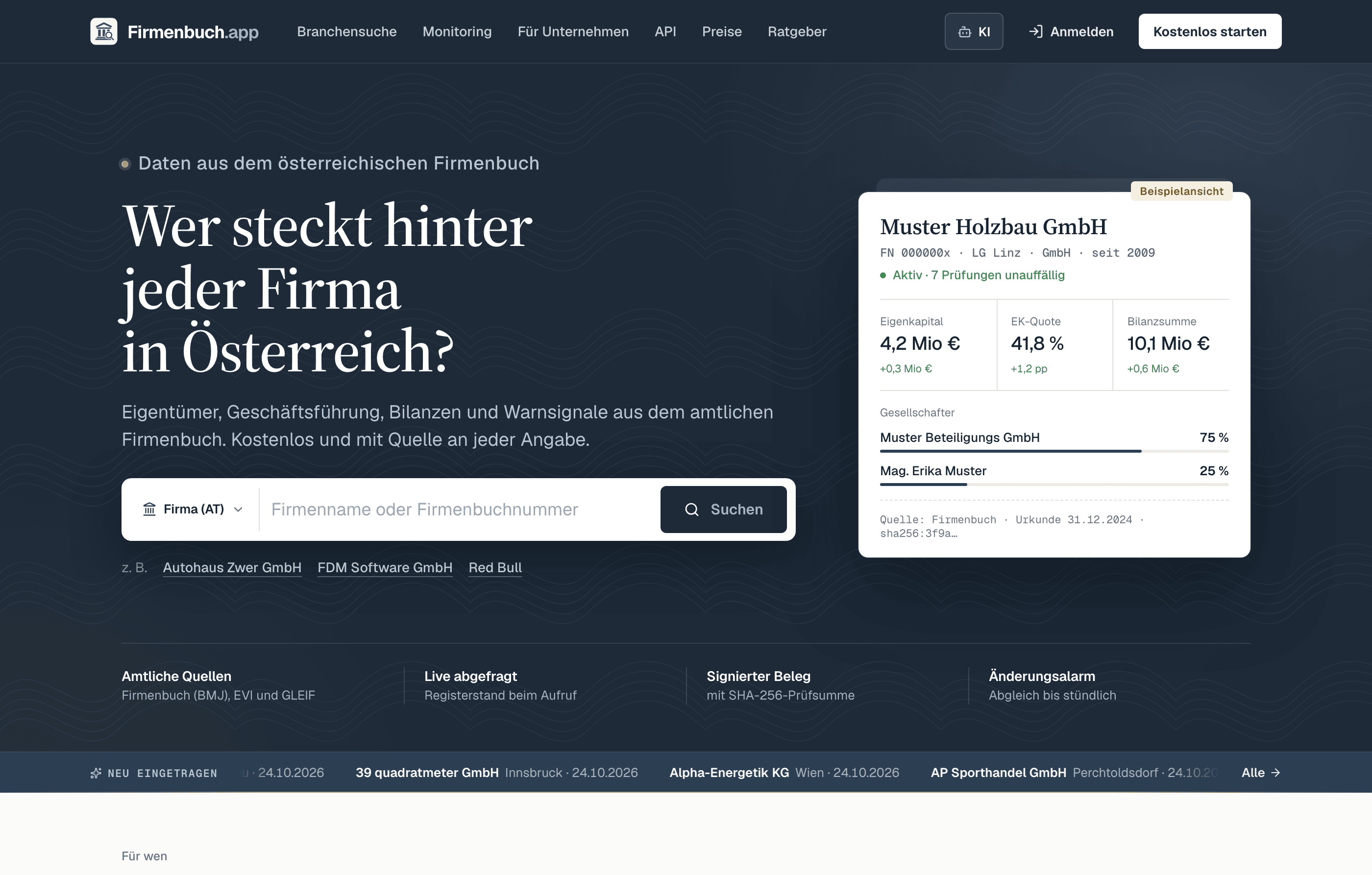 Screenshot Firmenbuch.app – Recherche österreichischer Unternehmensdaten
