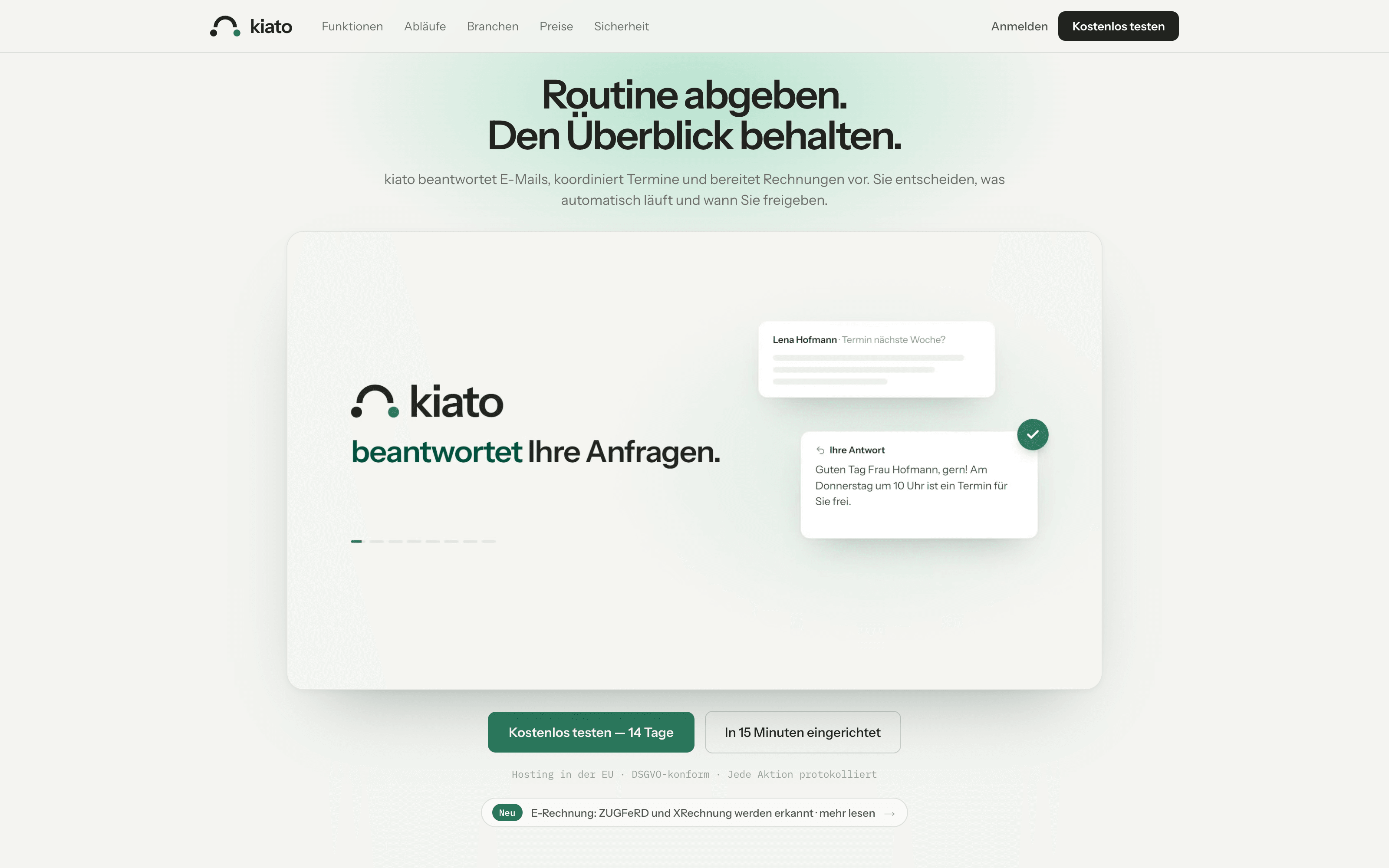 Screenshot kiato.at – KI-Assistent für das E-Mail-Postfach: Anfragen zuordnen, verarbeiten und mit Freigabe beantworten
