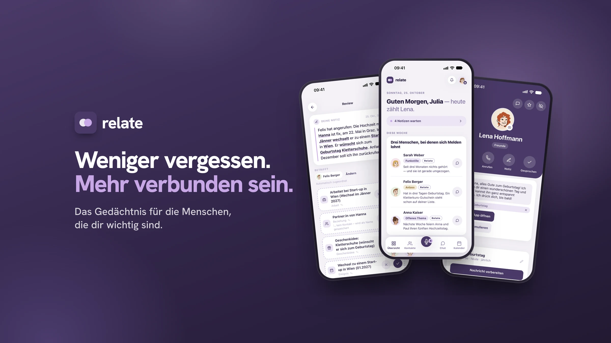Relate – Weniger vergessen. Mehr verbunden sein. Drei iPhone-Ansichten der App